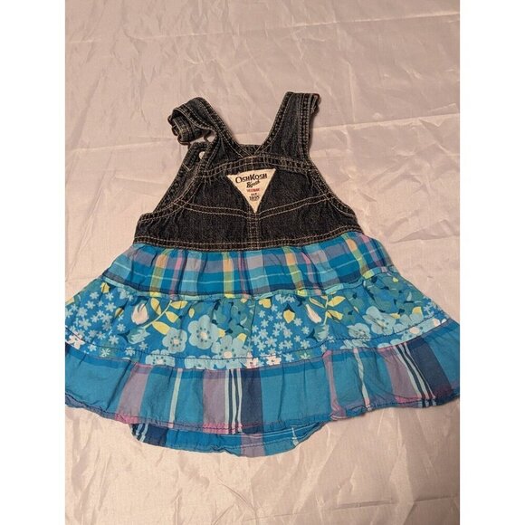 OshKosh Girl Denim Vestbak Overall Dress Blue Floral & Plaid Tiered Skirt 9M - Picture 6 of 8
